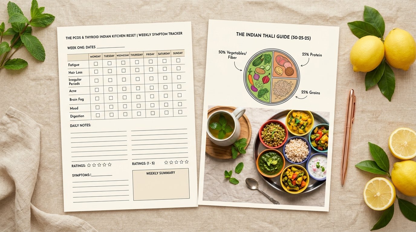Interior Workbook Pages with 50-25-25 Indian Thali Guide and Symptom Tracker